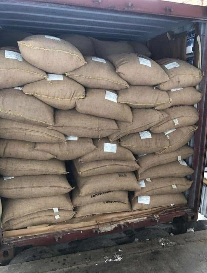 Burlap sacks loaded in shipping container