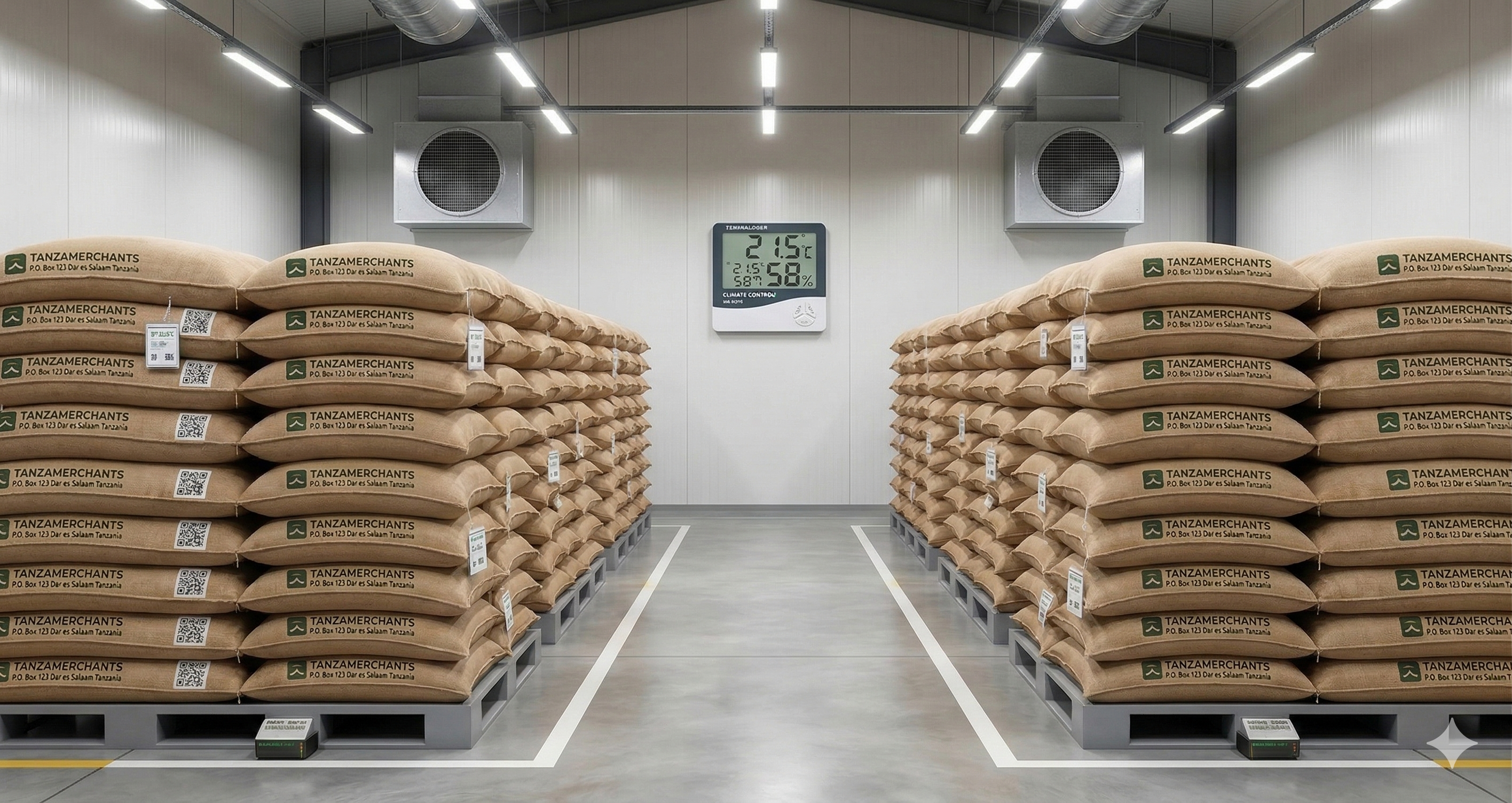 Warehouse storage with stacked burlap sacks